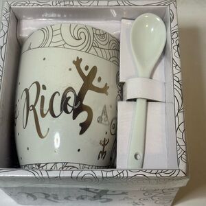 Puerto Rico Ceramic Coffee or Tea Mug with Spoon White and Gold